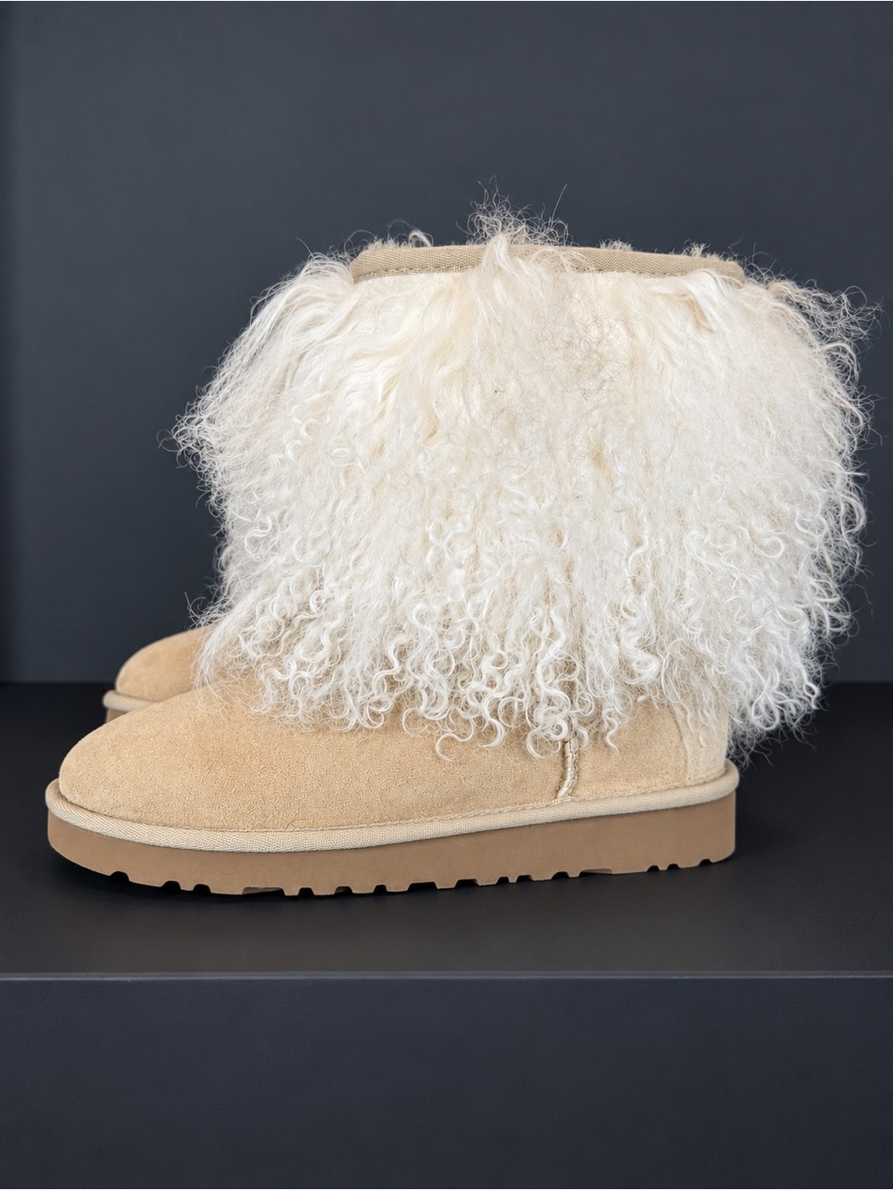 UGG Shearling Trim Suede Ankle Boot in mongolian lida tan Cream Sheepskin cuff